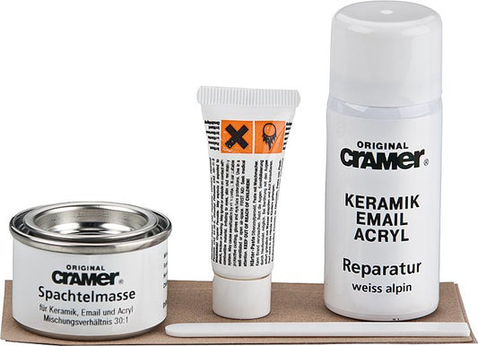 Reparatur-Set weiß, Zubehör: Spachtelmasse 30g, Spachtel- Härter 8g, Email-Spray